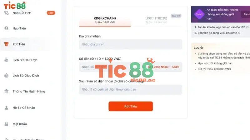 Rút tiền Tic88 chỉ với 4 bước đơn giản, nhanh chóng 3 Bước 4: Hoàn tất và xác nhận giao dịch